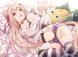Rule 34 | 1girl, :d, animal ears, bell, black panties, black thighhighs, blonde hair, blush, body writing, bow, breasts, camisole, cat ears, cat girl, cat tail, cleavage, cocoa (cafe-hotcocoa), collar, collarbone, corn, feathers, hair bow, half-closed eyes, hand on own stomach, highres, hip focus, holding, long hair, looking at viewer, lying, md5 mismatch, medium breasts, milestone celebration, neck bell, off shoulder, on back, on bed, open clothes, open mouth, open shorts, original, over-kneehighs, panties, petals, pillow, red eyes, short shorts, shorts, smile, solo, striped clothes, striped thighhighs, stuffed toy, tail, teeth, thighhighs, thighs, underwear, white thighhighs