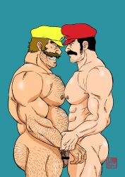 Rule 34 | 2boys, abs, aged up, banjyaku, bara, beard stubble, belly, chest hair, couple, cowboy shot, face-to-face, facial hair, fat, fat man, from side, hairy, highres, large pectorals, long sideburns, male focus, mario, mario (series), mature male, multiple boys, muscular, muscular male, navel hair, nintendo, nipples, old, old man, pectoral docking, pectoral press, pectorals, profile, seductive smile, short hair, sideburns, sideburns stubble, smile, standing, stubble, thick arm hair, thick ass hair, thick chest hair, thick leg hair, thick mustache, thick navel hair, tsurime, ugly man, very hairy, wario, yaoi