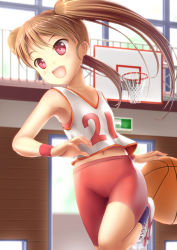 Rule 34 | 1girl, :d, ball, basketball, basketball (object), basketball hoop, basketball jersey, basketball uniform, bike shorts, brown hair, cameltoe, clothes writing, endou hiroto, highres, long hair, midriff, navel, open mouth, original, red eyes, revision, seienten ayaka, smile, solo, sportswear, twintails