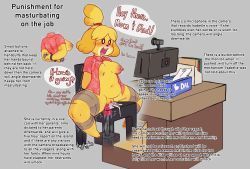 Rule 34 | 1girl, animal crossing, animal hands, arms behind back, bdsm, black eyes, blonde hair, blush, blush stickers, bondage, bottomless, bouncing breasts, bound, breasts, camera, chair, clitoral hood, computer, cum, cum in pussy, dildo, furry, grey background, highres, isabelle (animal crossing), medium breasts, navel, nintendo, nipple piercing, nipples, o o, object insertion, open clothes, open mouth, open shirt, pawpads, piercing, plump, predicament bondage, saliva, sex machine, sex toy, shirt, sitting, speech bubble, spread legs, text focus, thick thighs, thighs, tingtongten, tissue box, topknot, uncensored, vaginal, vaginal object insertion