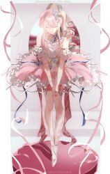 Rule 34 | 1other, absurdres, akiyama mizuki, androgynous, arm ribbon, asymmetrical legwear, commentary, detached sleeves, dress, english commentary, english text, frilled dress, frills, highres, kumiamii, mirror, no mouth, other focus, pink footwear, project sekai, puffy detached sleeves, puffy sleeves, ribbon, secret distance (project sekai), side ponytail, sidelocks, solo, white ribbon