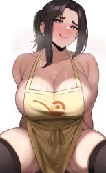 Rule 34 | 1girl, absurdres, apron, bare shoulders, blush, breasts, brown eyes, brown hair, cleavage, creatures (company), earrings, edmun6969, embarrassed, game freak, heavy breathing, highres, jewelry, large breasts, licking lips, long hair, looking at viewer, mature female, mother (pokemon), naked apron, nintendo, paldea mother, parted bangs, pokemon, pokemon sv, ponytail, short hair, sideboob, simple background, smile, solo, thighs, tongue, tongue out, wide hips, yellow apron
