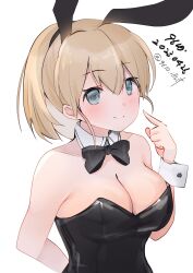 Rule 34 | 1girl, 9610 (kuroto), animal ears, arm behind back, bare shoulders, black bow, black bowtie, black leotard, blue eyes, bow, bowtie, breasts, brown hair, cleavage, dated, detached collar, fake animal ears, hair between eyes, highres, intrepid (kancolle), kantai collection, large breasts, leotard, looking at viewer, playboy bunny, ponytail, rabbit ears, rabbit tail, short hair, simple background, smile, solo, strapless, strapless leotard, tail, traditional bowtie, twitter username, upper body, white background, wrist cuffs