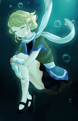 Rule 34 | 1girl, air bubble, arm warmers, blonde hair, bubble, closed eyes, dress, expressionless, gradient background, hand on leg, highres, hugging own legs, knees to chest, layered dress, light rays, mary janes, mizuhashi parsee, pointy ears, scarf, shoes, short hair, short sleeves, solo, sunbeam, sunlight, touhou, underwater, vemor