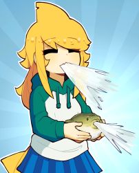 Rule 34 | 1girl, animal, blonde hair, blue skirt, closed eyes, d-floe, facing viewer, fins, fish, fish tail, green hoodie, head fins, highres, holding, holding animal, holding fish, hood, hoodie, long hair, long sleeves, meme, multicolored clothes, multicolored hoodie, open mouth, original, pleated skirt, puffer fish vomiting water (meme), shark girl, shark tail, skirt, solo, tail, what, white hoodie