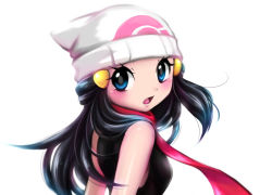 Rule 34 | 1girl, bare shoulders, beanie, black hair, black shirt, blue eyes, blush, breasts, creatures (company), dawn (pokemon), female focus, from behind, game freak, hair ornament, hairclip, hat, long hair, looking back, looking to the side, nintendo, open mouth, pink scarf, poke ball theme, pokemon, pokemon dppt, sawarabi (sawarabi725), scarf, shiny skin, shirt, simple background, sleeveless, sleeveless shirt, small breasts, solo, upper body, white background, white hat