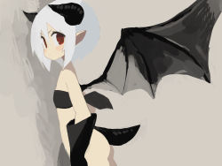 Rule 34 | 1girl, bandeau, bare shoulders, black bandeau, black gloves, black wings, bottomless, closed mouth, commentary request, cowboy shot, dragon girl, dragon horns, dragon tail, dragon wings, gloves, grey hair, hair between eyes, horns, looking at viewer, looking to the side, original, paprika shikiso, red eyes, short hair, solo, tail, v-shaped eyebrows, wings