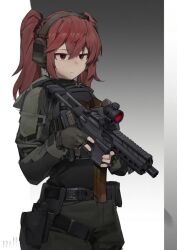 1girl beizhi belt_pouch character_request copyright_request gun hair_between_eyes headphones holding holding_gun holding_weapon long_hair pouch red_eyes red_hair sidelocks sig_mpx submachine_gun tactical_clothes twintails weapon