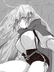 Rule 34 | 1girl, an fyhx, arknights, blush, breasts, cape, closed mouth, cowboy shot, fartooth (arknights), greyscale, high-waist shorts, highres, large breasts, long hair, long sleeves, looking at viewer, monochrome, short shorts, shorts, solo, suspender shorts, suspenders, thighs, very long hair