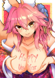 Rule 34 | 1girl, animal ear fluff, animal ears, grabbing another&#039;s breast, breasts, breasts out, cleavage, collarbone, fate/extra, fate (series), flower, fox ears, fox girl, fox tail, grabbing, grabbing own breast, hair flower, hair ornament, happy new year, highres, japanese clothes, kimono, large breasts, light smile, looking at viewer, new year, pink hair, solo, tail, tamamo (fate), tamamo no mae (fate/extra), wisespeak, yellow eyes, yukata