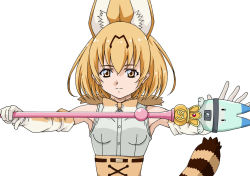 Rule 34 | 1girl, amano yo-ki, animal ears, bishoujo senshi sailor moon, blonde hair, bow, bowtie, breasts, elbow gloves, expressionless, extra ears, gloves, kemono friends, parody, scepter, serval (kemono friends), serval print, serval tail, sleeveless, small breasts, solo, striped tail, tail, traditional bowtie, upper body, yellow eyes