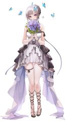 Rule 34 | 1girl, arm strap, bare shoulders, bouquet, braid, bug, butterfly, covered mouth, dress, earrings, flower, head tilt, high heels, highres, holding, holding bouquet, insect, jewelry, kim eb, looking at viewer, multicolored clothes, multicolored dress, original, purple eyes, purple flower, ring, shoes, short hair, silver hair, simple background, solo, thigh strap, wedding dress, white background