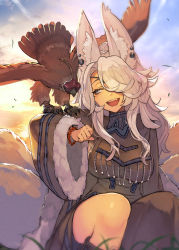 Rule 34 | 1girl, absurdres, animal, animal ear fluff, animal ears, animal on shoulder, bead bracelet, beads, bird, blue eyes, bracelet, breasts, eagle, earrings, eyepatch, fang, fox ears, fox tail, hair over one eye, hide (hideout), highres, jewelry, long hair, looking to the side, medium breasts, multiple tails, open mouth, original, sitting, solo, tail, white hair, wide sleeves