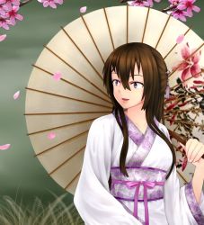 1girl :d bad_id bad_pixiv_id beifeng_han black_hair female_focus hair_between_eyes japanese_clothes kimono long_hair miyaura_sanshio obi oil-paper_umbrella open_mouth original peach_blossom purple_eyes sash smile solo umbrella