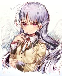 Rule 34 | 1girl, angel beats!, angel wings, anniversary, blazer, chi no, jacket, long hair, looking at viewer, red eyes, school uniform, silver hair, simple background, solo, tenshi (angel beats!), upper body, white background, white wings, wings, yellow eyes