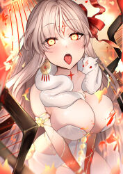 Rule 34 | 1girl, absurdres, armlet, bare shoulders, belly chain, blush, body markings, bracelet, breasts, character name, cleavage, colored skin, dress, durga (fate), earrings, facial mark, fate/grand order, fate (series), fire, flower, forehead mark, fufufu hehehe, glowing, glowing eyes, gradient skin, grey hair, hair ribbon, highres, jewelry, large breasts, long hair, looking at viewer, open mouth, orange eyes, pelvic curtain, red skin, revealing clothes, ribbon, sash, snake, solo, tongue, tongue out, variant set, very long hair, weapon, white dress