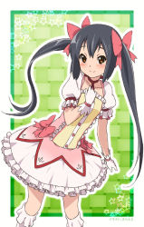 Rule 34 | 1girl, black hair, blush, brown eyes, christine marie cabanos, cosplay, dress, errant, gloves, hair ribbon, k-on!, kaname madoka, kaname madoka (cosplay), kneehighs, mahou shoujo madoka magica, mahou shoujo madoka magica (anime), nakano azusa, ribbon, simple background, smile, socks, solo, twintails, voice actor connection, white socks