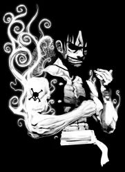 Rule 34 | 1boy, gear second, greyscale, grin, hat, jolly roger, male focus, manly, monkey d. luffy, monochrome, muscular, one piece, open clothes, open vest, sash, scar, short hair, smile, solo, steam, straw hat, veins, vest, wyv1