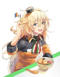 Rule 34 | 1girl, :d, aqua eyes, black undershirt, blonde hair, bowl, collared shirt, donburi, flag, girls&#039; frontline, hair between eyes, hairband, holding, holding flag, italian flag, italian flag print, jacket, long hair, long sleeves, looking at viewer, messy hair, neck ribbon, open mouth, orange hairband, ribbon, s.a.t.8 (girls&#039; frontline), shirt, sleeves rolled up, smile, solo, teeth, tongue, too much fluff, two-tone shirt, undershirt, upper teeth only, very long hair, vikpie, white background, wooden spoon