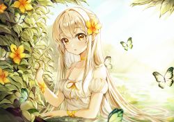 Rule 34 | 1girl, :o, arm ribbon, backlighting, bare shoulders, blonde hair, blurry, blush, breasts, bug, butterfly, choker, collarbone, day, depth of field, detached sleeves, dress, eyelashes, flower, grass, green butterfly, hair between eyes, hair flower, hair ornament, hand up, highres, insect, leaf, long hair, looking at viewer, on ground, open mouth, original, outdoors, parted lips, plant, resolution mismatch, ribbon, short sleeves, sidelocks, sleeveless, sleeveless dress, small breasts, solo, source smaller, ssum (ehf dustk), sundress, sunlight, upper body, very long hair, water drop, wet, white dress, yellow choker, yellow eyes, yellow flower, yellow ribbon