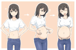Rule 34 | !, 1girl, arrow (symbol), big belly, breasts, brown eyes, brown hair, closed eyes, commentary request, commission, denim, hair between eyes, hand on own stomach, hands on own hips, heart, highres, holding own stomach, jeans, long hair, medium breasts, midriff, multiple views, mutou youshun, navel, notice lines, open mouth, original, outie navel, pants, pointing, pointing at self, pregnancy progression, pregnant, progression, shirt, simple background, skeb commission, smile, tied shirt, white shirt