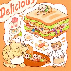 Rule 34 | 1girl, 4boys, ambrosia (dungeon meshi), animal ears, apron, blonde hair, bread, bread slice, chef hat, chibi, chibi only, closed eyes, closed mouth, dark-skinned male, dark skin, dated, demon horns, dungeon meshi, egg (food), english text, feathered wings, food, furry, furry male, hat, highres, holding, holding spatula, holding staff, horns, laios touden, lion boy, lion ears, lion tail, mage staff, mandragora, marcille donato, meat, mithrun, mukumuku u, multiple boys, notice lines, plate, salad, saliva, sandwich, skull, spatula, spoilers, spoken food, staff, tail, thistle (dungeon meshi), tomato, tomato slice, treasure bug (dungeon meshi), waist apron, walking mushroom (dungeon meshi), winged lion (dungeon meshi), wings, yellow fur