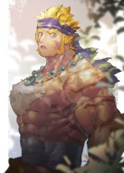 Rule 34 | 1boy, absurdres, another eidos-r, bandages, bara, bead necklace, beads, biceps, blonde hair, chest hair, facial hair, feet out of frame, green eyes, hairy, headband, highres, jewelry, large pectorals, leaf, long sideburns, looking at viewer, magatama, male focus, manly, mature male, muscular, muscular male, necklace, neumo, nipples, no shirt, open mouth, pectorals, pugi (another eidos), short hair, sideburns, solo, spiked hair, stubble, teeth, thick arms, thick eyebrows, tiger stripes, tongue, tusks, upper body