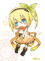 Rule 34 | 10s, 1girl, bare shoulders, blonde hair, blue eyes, blush, chibi, doll, dress, edna (tales), flower, hair ornament, hairband, hat, heart, ribbon, shoes, short hair, side ponytail, simple background, star (symbol), tales of (series), tales of zestiria