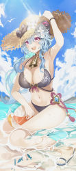 Rule 34 | 1girl, ball, beachball, bell, bikini, black bikini, black bow, blue hair, blue nails, blue sky, bow, breasts, buza006, collarbone, cowbell, curled horns, fingernails, flower, ganyu (genshin impact), genshin impact, goat horns, hair between eyes, hair flower, hair ornament, halterneck, hand on headwear, hat, hat bow, highres, horns, large breasts, long hair, low ponytail, messy hair, nail polish, navel, neck bell, open mouth, outdoors, purple eyes, red rope, rope, sandals, sitting, sky, smile, solo, straw hat, sun hat, sunlight, swimsuit, tassel, toenail polish, toenails, wading, water, white flower