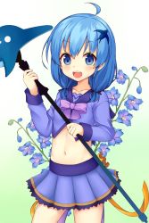 Rule 34 | 1girl, :d, ahoge, blue eyes, blue hair, blue skirt, delphinium (flower knight girl), dolphin, flower, flower knight girl, gradient background, green background, hair ornament, highres, kida kuro mu, looking at viewer, midriff, name connection, navel, object namesake, open mouth, short hair, short twintails, skirt, smile, solo, staff, twintails, white background