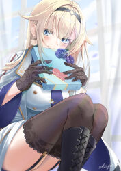 Rule 34 | 1girl, absurdres, aizawa ema, black footwear, black thighhighs, blonde hair, blue coat, blue eyes, blue flower, blue necktie, blue rose, blush, boots, box, breasts, cat earrings, coat, covering own mouth, cross-laced footwear, flower, frilled gloves, frills, full body, garter straps, gift, gift box, gloves, gradient hair, green hair, hair flaps, hair intakes, highres, holding, holding gift, indoors, knee boots, lace, lace-trimmed legwear, lace trim, lapels, large breasts, long hair, looking at viewer, multicolored hair, mussan, necktie, open clothes, open coat, rose, shirt, sidelocks, sitting, solo, thighhighs, thighs, tie clip, transparent curtains, two-sided coat, two-sided fabric, virtual youtuber, vspo!, white coat, white shirt, window