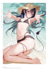 Rule 34 | 1girl, barefoot, black hair, breasts, demon girl, demon tail, hat, highres, long hair, looking at viewer, mignon, navel, original, pointy ears, purple eyes, simple background, small breasts, solo, stomach, swimsuit, tail, thighs, toes, yoru-chan (mignon)