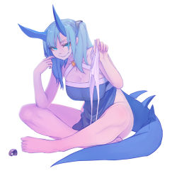Rule 34 | 1girl, bare shoulders, barefoot, blue eyes, blue hair, blue horns, breasts, cleavage, closed mouth, dragon girl, dragon horns, dragon tail, dress, elatius the anchorwielder, eyeshadow, fang, fingernails, full body, hair ornament, halterneck, holding, holding clothes, holding panties, holding underwear, horns, indian style, large breasts, long hair, looking at viewer, makeup, naughty face, no panties, one side up, original, panties, pixiv fantasia, pixiv fantasia revenge of the darkness, sharp fingernails, sitting, solo, tail, underwear, uusquid, white panties