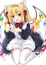 Rule 34 | 1girl, absurdres, alternate costume, animal ear fluff, animal ears, apron, black dress, blonde hair, blush, bow, bowtie, breasts, cat ears, cat tail, collared dress, commentary request, crystal, dress, fang, fingernails, flandre scarlet, frills, hair between eyes, hands up, heart, heart hands, highres, jewelry, long fingernails, long sleeves, looking at viewer, maid, maid day, maid headdress, medium breasts, multicolored wings, one side up, open mouth, puffy long sleeves, puffy sleeves, red bow, red bowtie, red eyes, red ribbon, ribbon, ruhika, seiza, short hair, sitting, smile, solo, tail, thighhighs, tongue, touhou, white apron, white thighhighs, wings