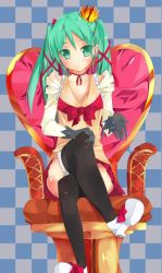 Rule 34 | 1girl, bad id, bad pixiv id, byte (allbyte), chair, checkered background, crown, gloves, green eyes, green hair, hatsune miku, highres, crossed legs, matching hair/eyes, shizuka (deatennsi), sitting, skirt, solo, thighhighs, twintails, vocaloid, world is mine (vocaloid)