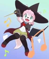 Rule 34 | 1girl, blue eyes, book, copyright request, dog, female focus, furry, furry female, gradient background, hat, magic, open mouth, ryu masakaze, solo, spell, thighhighs, witch hat