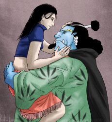 Rule 34 | 1boy, 1girl, artist name, black hair, blue skin, carrying, carrying person, chronomorphosis, closed mouth, colored skin, facial hair, fangs, fangs out, fish boy, goatee, hand on another&#039;s face, high ponytail, jinbe (one piece), long hair, looking at another, medium hair, multicolored hair, nico robin, one piece, ponytail, sharp teeth, signature, smile, teeth, two-tone hair