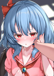 Rule 34 | 1girl, ascot, bat wings, blue hair, blush, brooch, collared shirt, ei tantan, frilled shirt collar, frills, hand on own face, highres, jewelry, light blush, looking at viewer, no headwear, no headwear, pink shirt, pov, red ascot, red eyes, remilia scarlet, sailor collar, shirt, short hair, slit pupils, solo, tearing up, touhou, wings