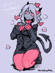 Rule 34 | 1girl, demon girl, demon horns, demon tail, flat color, formal, heart, heart-shaped pupils, helltaker, highres, horns, kneeling, looking at viewer, modeus (helltaker), noah (tettsui-sole), pantyhose, red pantyhose, simple background, sketch, solo, suit, symbol-shaped pupils, tail, thighhighs, white hair