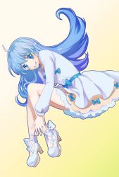 Rule 34 | 10s, 1girl, blue eyes, blue hair, dress, eyelashes, full body, gradient background, happinesscharge precure!, happy, high heels, kagosayu, long hair, looking at viewer, matching hair/eyes, precure, ribbon, shirayuki hime, shoes, smile, solo, yellow background