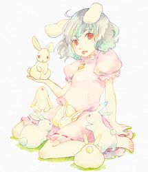 Rule 34 | 1girl, :p, animal ears, barefoot, rabbit, female focus, full body, inaba tewi, painting (medium), rabbit ears, red eyes, shou shishi, sitting, solo, tongue, tongue out, touhou, traditional media, watercolor (medium), white background