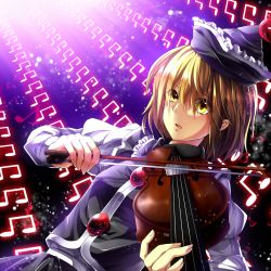 Rule 34 | 1girl, blonde hair, crescent, female focus, frills, hat, highres, holding, instrument, kuga huna, long sleeves, looking at viewer, lunasa prismriver, music, musical note, open mouth, short hair, skirt, solo, touhou, violin, yellow eyes