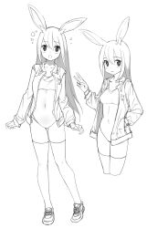 Rule 34 | 1girl, :o, animal ears, blush, breasts, closed mouth, collarbone, copyright request, covered navel, cropped legs, greyscale, hair between eyes, hand in pocket, hand up, highres, jacket, leotard, leotard under clothes, long hair, long sleeves, looking at viewer, monochrome, multiple views, open clothes, open jacket, open mouth, rabbit ears, saiste, shoes, sleeves past wrists, small breasts, sneakers, standing, thighhighs, v, very long hair