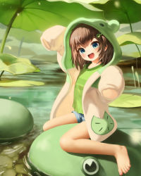Rule 34 | 1girl, absurdres, barefoot, beige hoodie, blue eyes, blue shorts, blush, child, crumbles, eyelashes, freckles, frog, full body, green hair ornament, green hoodie, green shirt, highres, hood, hood up, hoodie, indie virtual youtuber, lily hopkins, lily pad, looking at viewer, open mouth, rock, shirt, shorts, sitting, sitting on object, smile, striped clothes, striped shirt, tagme, tongue, virtual youtuber, water