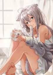 Rule 34 | 159cm, 1girl, ahoge, animal ears, barefoot, breasts, cat ears, cat tail, closed mouth, cup, curtains, dress, green eyes, grey hair, grey shirt, highres, holding, holding cup, crossed legs, looking at viewer, mole, mole on breast, mole on thigh, on bed, original, shirt, sideboob, sitting, smile, solo, tail, white dress, window