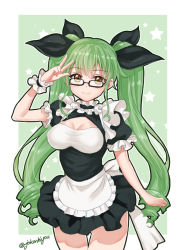 Rule 34 | 10s, 1girl, anchovy (girls und panzer), apron, black bow, blush, bow, breasts, brown eyes, cleavage, cleavage cutout, clothing cutout, drill hair, girls und panzer, glasses, green hair, hair bow, jokanhiyou, large breasts, long hair, looking at viewer, maid, maid apron, smile, solo, twintails, twitter username, v, wrist cuffs