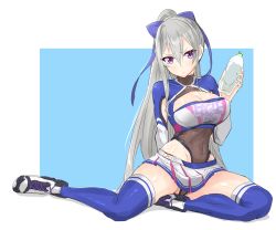 Rule 34 | 1girl, armpit cutout, azur lane, blue background, blue bow, blue thighhighs, bottle, bow, breasts, casablanca (azur lane), casablanca (cheer squad on break) (azur lane), cheerleader, cleavage cutout, clothing cutout, commentary request, covered navel, grey hair, hair bow, highres, large breasts, leotard, leotard under clothes, long hair, long sleeves, ogasawara, partially visible vulva, pleated skirt, purple eyes, shoes, sitting, skindentation, skirt, sneakers, solo, thighhighs, two-tone background, water bottle, white background, white skirt, yokozuwari