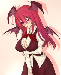 Rule 34 | 1girl, bat wings, bow, breasts, cleavage, coco (r5m), dress shirt, head wings, highres, koakuma, large breasts, long hair, long sleeves, red eyes, red hair, shirt, simple background, skirt, solo, touhou, untucked shirt, vest, wings