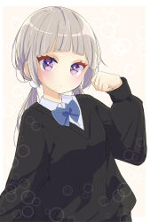 Rule 34 | 1girl, absurdres, black cardigan, blue bow, blue bowtie, blunt bangs, bow, bowtie, cardigan, cat paw, collared shirt, commentary request, grey hair, hand up, highres, jyoji00, long hair, long sleeves, looking at viewer, original, purple eyes, shirt, simple background, solo, twintails, white background, white shirt