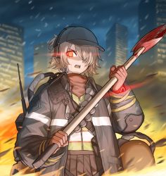 Rule 34 | 1girl, axe, baseball cap, blood, blood on face, blood on axe, building, cheogtanbyeong, commentary request, fire, fire axe, girls&#039; frontline, gloves, glowing, glowing eye, hair over one eye, hat, highres, holding, holding axe, light brown hair, looking at viewer, open mouth, outdoors, red eyes, rogue division agent, short hair, solo, tom clancy&#039;s the division, upper body, vector (girls&#039; frontline), vector (hellfire) (girls&#039; frontline)